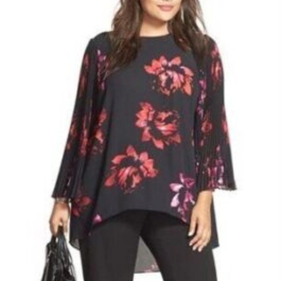 Vince Camuto Tops - Vince Camuto Floral Accordion Sleeve Tunic Top Black Pink Plus Size 2X H13662